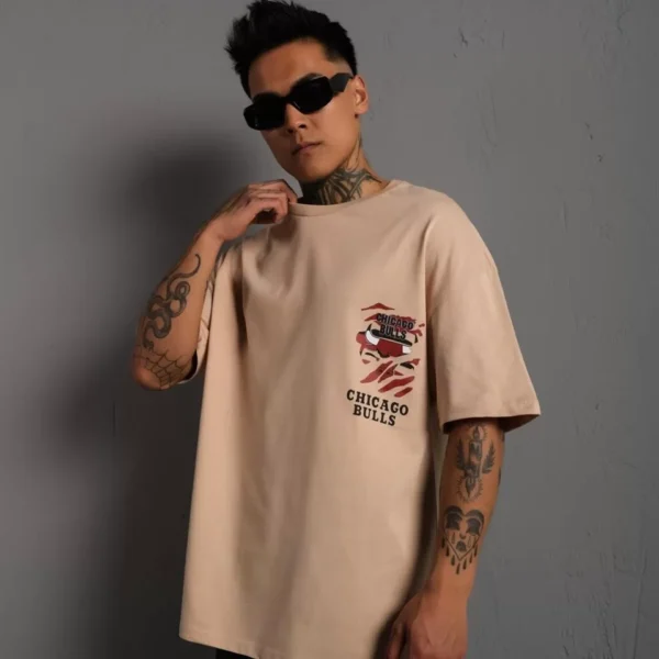Erkek Sırt Baskılı A Kalite Oversize T-shirt - Bej