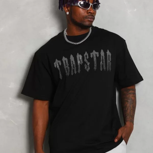 Unisex Oversize Taşlı Bisiklet Yaka T-Shirt - Siyah