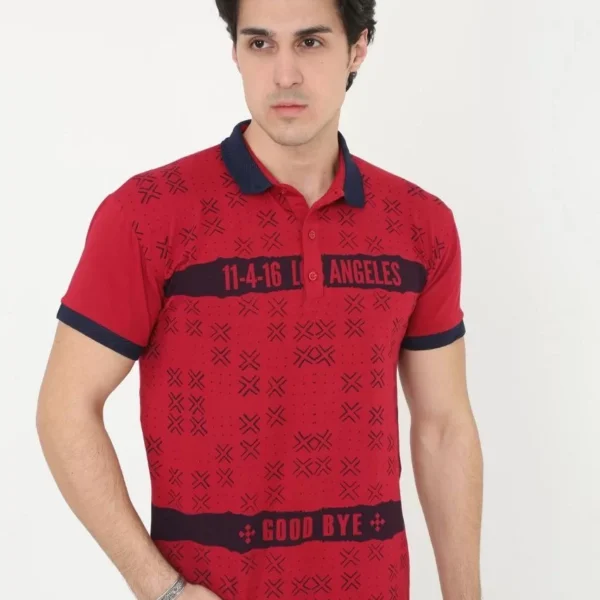 Erkek Yakalı Slim Fit Baskılı T-Shirt - Kırmızı