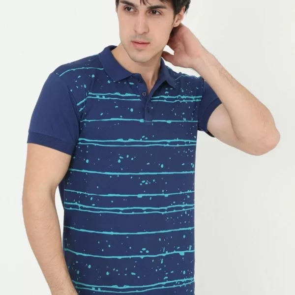 Erkek Yakalı Slim Fit Pike Çizgili T-Shirt - Mavi