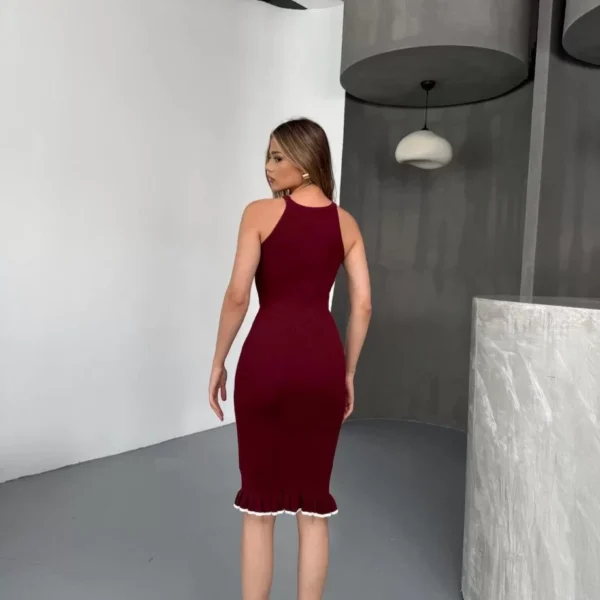 Fırfır Detaylı Triko Elbise- Bordo