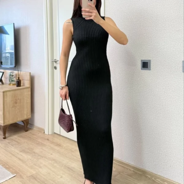 Fitilli Triko Elbise Maxi Uzun boy - Siyah
