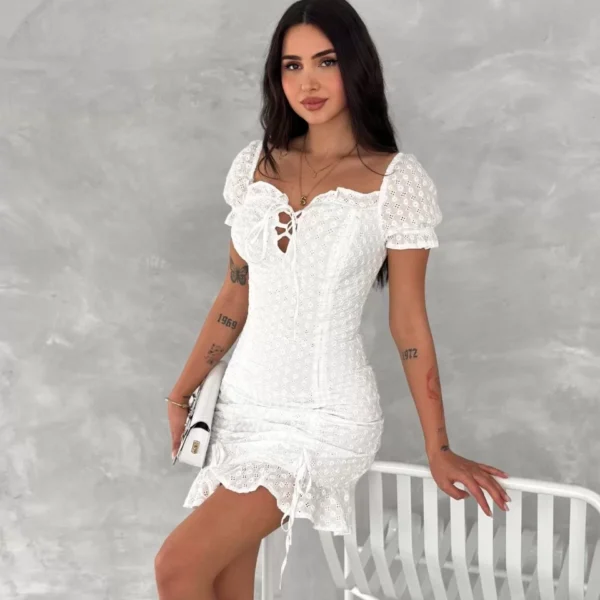 Göğüs Bağlamalı Mini Elbise - Beyaz
