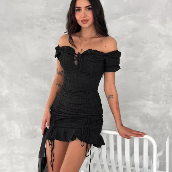 Göğüs Bağlamalı Mini Elbise - Siyah