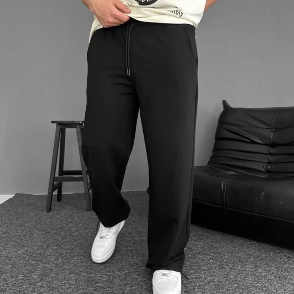İki İplik Kumaş Beli Lastikli Boru Paça Baggy Alt Esofman - Siyah