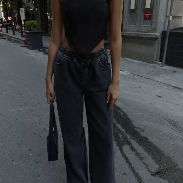Kadın  Arkadan Yırtmaçlı Jeans Kot Palazzo Pantolon - Siyah