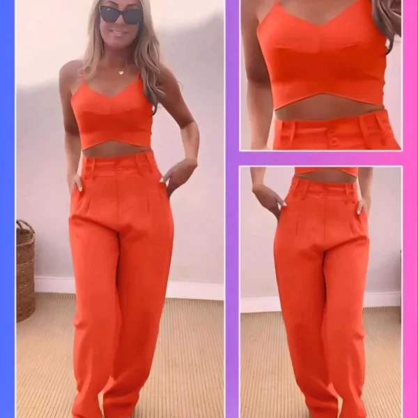 Kadın Askı Detaylı Crop ve Pantolon Takım - Turuncu