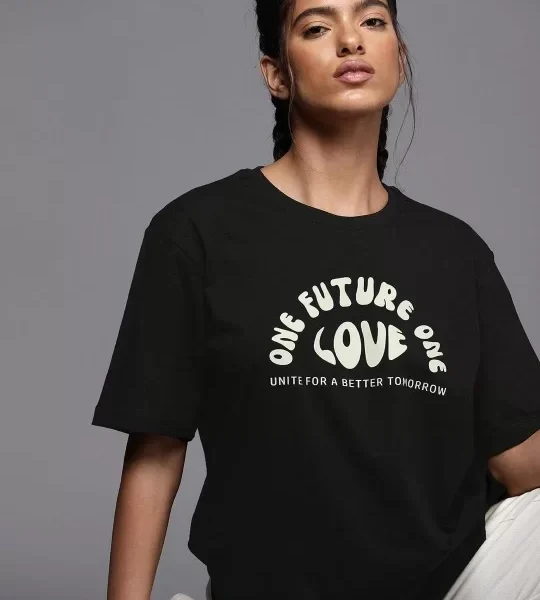Kadın Baskılı Oversize T-shirt - Siyah