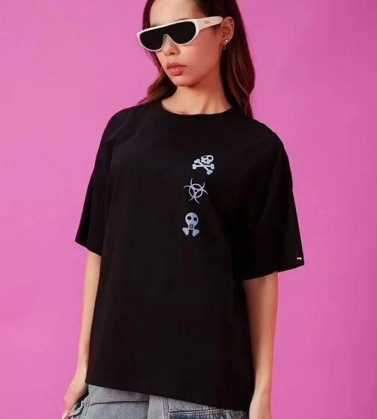 Kadın Baskılı Oversize T-shirt - Siyah