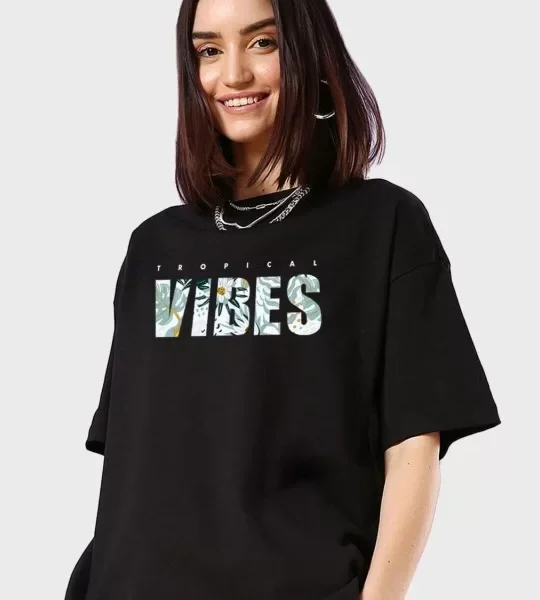 Kadın Baskılı Oversize T-shirt - Siyah
