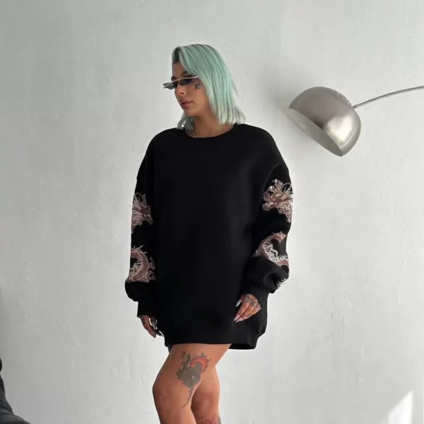 Kadın Bisiklet Yaka Baskılı SweatShirt - Siyah