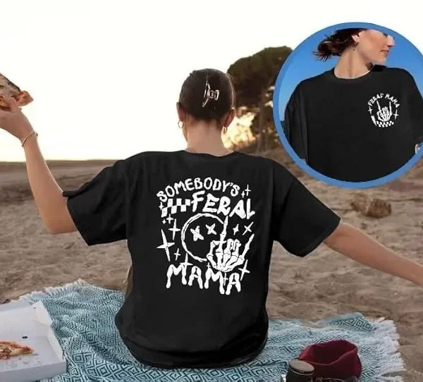 Kadın Bisiklet Yaka Baskılı T-shirt - Siyah