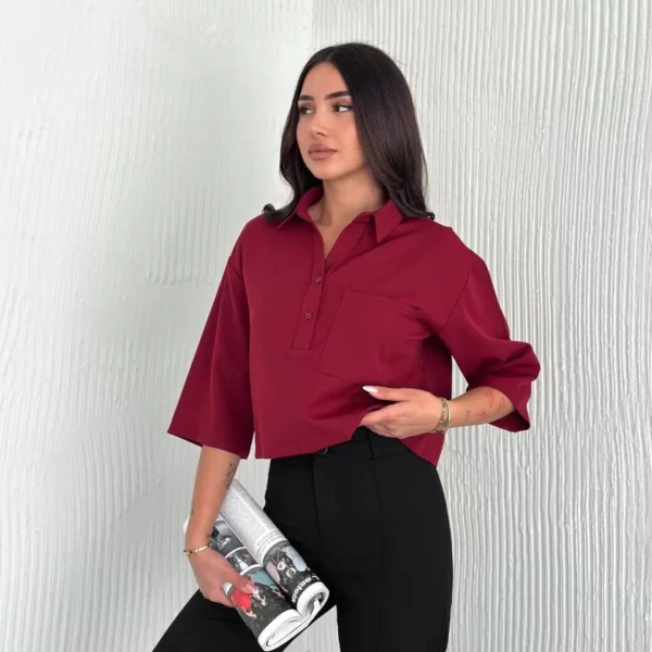 Z Krep Kadın Crop Yakalı Gömlek İlik Düğmeli Üç Çeyrek Sleeve Kol - Bordo