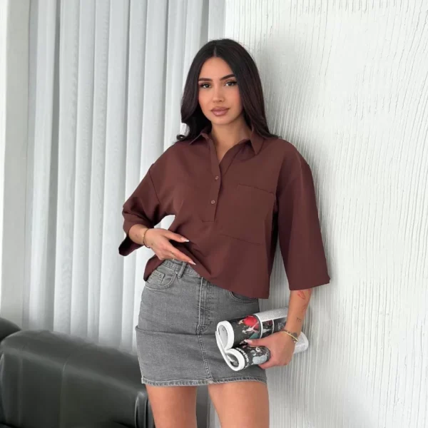 Z Krep Kadın Crop Yakalı Gömlek İlik Düğmeli Üç Çeyrek Sleeve Kol - Kahverengi