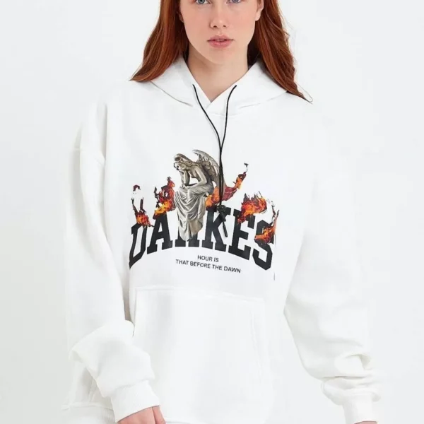 Kadın DANKES Baskılı Kapüşonlu Sweat - Beyaz