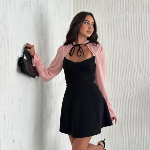 Kadın Göğsü Bağlamalı Kalp Yaka Kolları Şifon Mini Elbise - Siyah Pembe