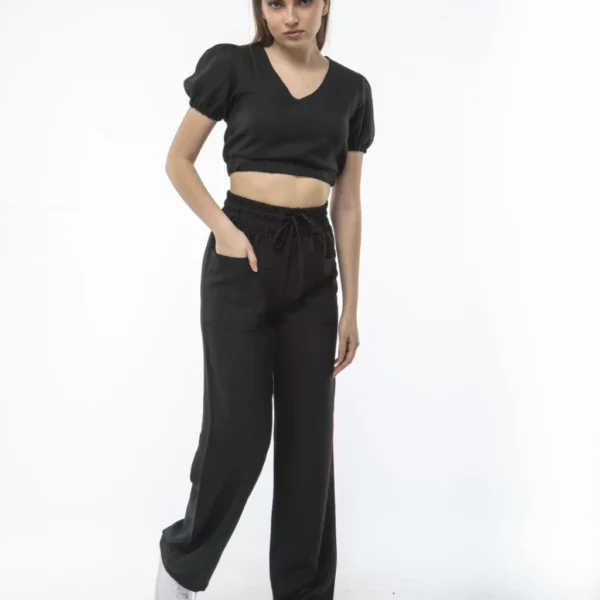 Kadin Keten Pantolon ve Crop Takım - Siyah