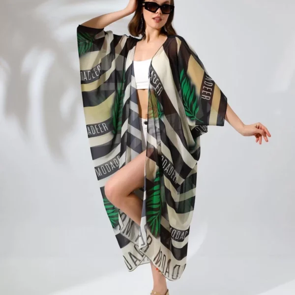 Kadın Rahat Kesim Kemerli Şifon Kimono - Yeşil