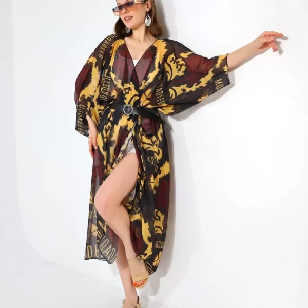Kadın Rahat Kesim Kemerli Şifon Kimono - Kahve