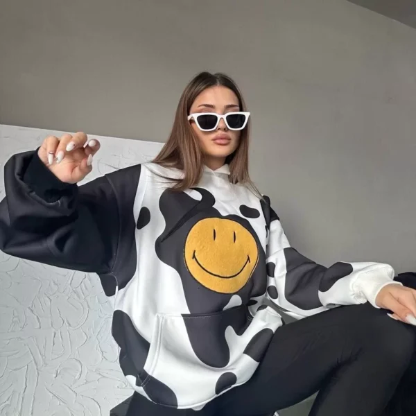 Kadın Smiley Face Kapüşonlu Sweatshirt - Siyah