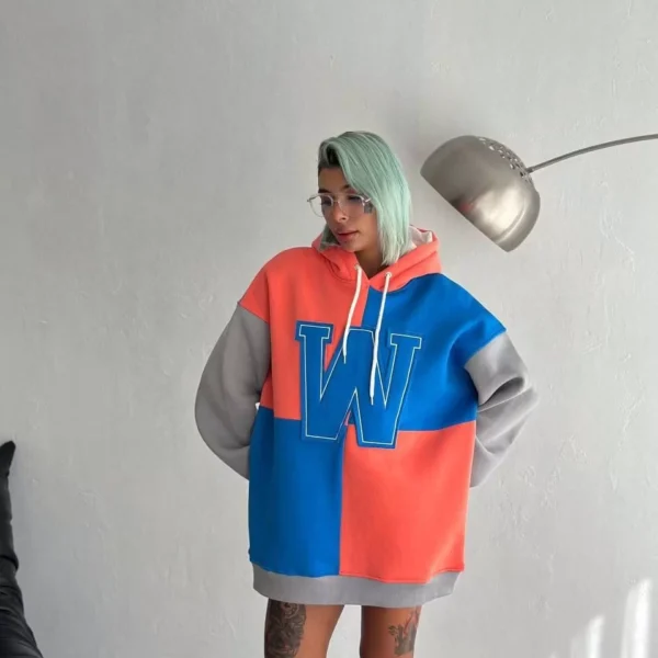 Kadın W Nakış İşlemeli Kapüşonlu Sweatshirt - Mavi