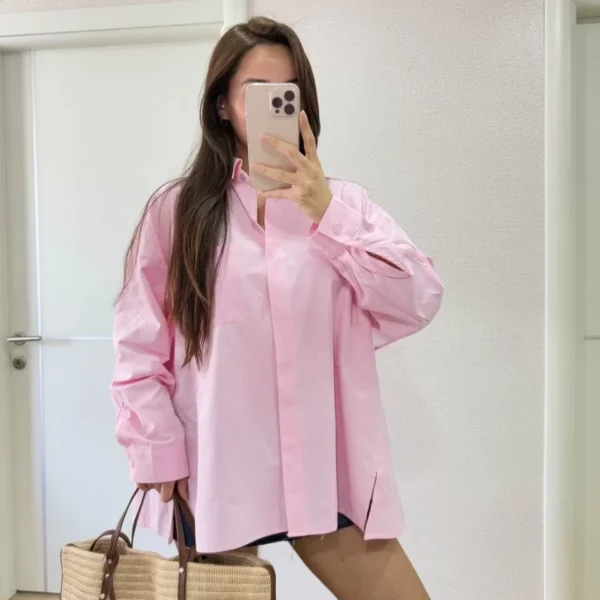 Poplin Kadın Yakalı Yandan Yırtmaçlı Arka Pens Detaylı Gömlek - Pembe
