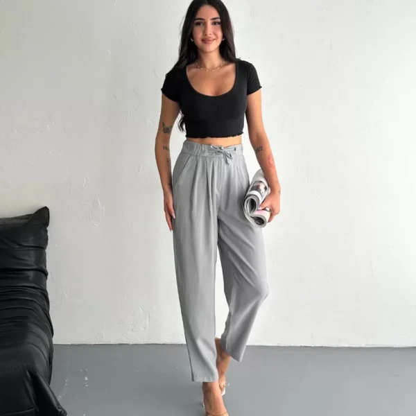 Tencel Kadın Yüksel Bel Beli Bağcıklı Rahat Boru Paça Pantalon - Füme