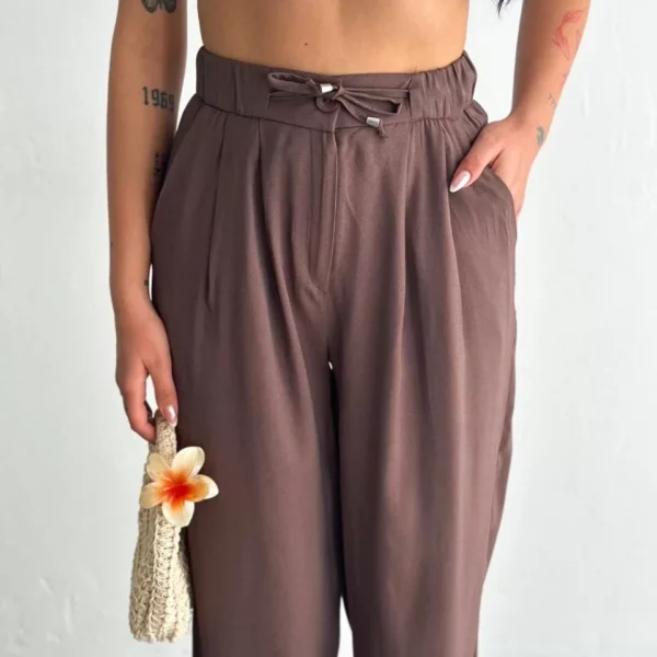 Tencel Kadın Yüksel Bel Rahat Boru Paça Pantalon - Kahverengi