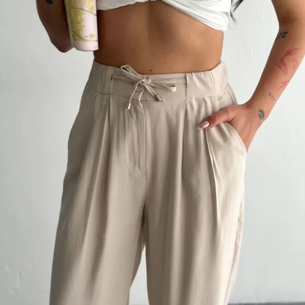 Tencel Kadın Yüksel Bel Beli Bağcıklı Rahat Boru Paça Pantalon - Kırık Beyaz