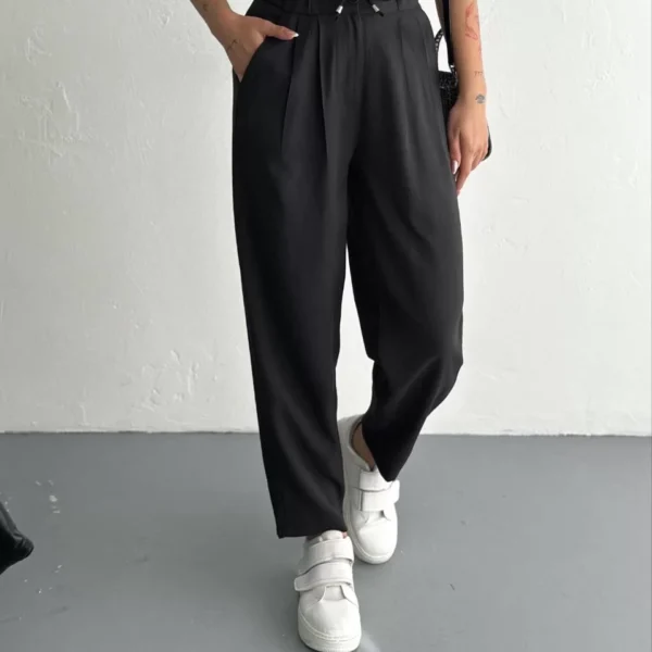 Tencel Kadın Yüksel Bel Beli Bağcıklı Rahat Cepli Boru Paça Pantalon - Siyah