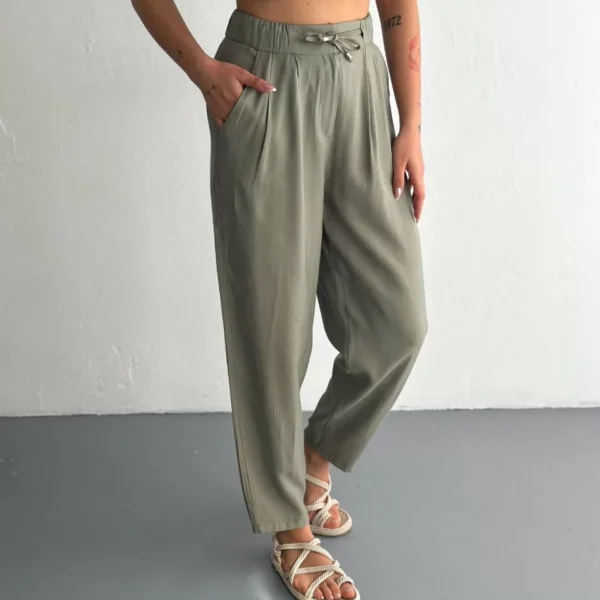 Tencel Kadın Yüksel Bel Beli Bağcıklı Cepli Rahat Paça Pantalon - Su Yeşili