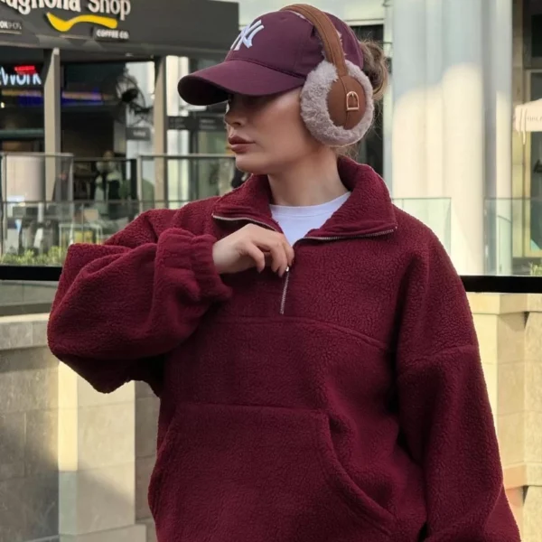 Kalın Polar Yakalı Fermuarlı Sweat Pantolonlu Takım - Bordo