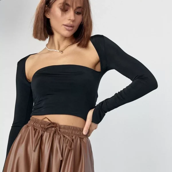 Kara Yaka Uzun Kollu Crop - Siyah