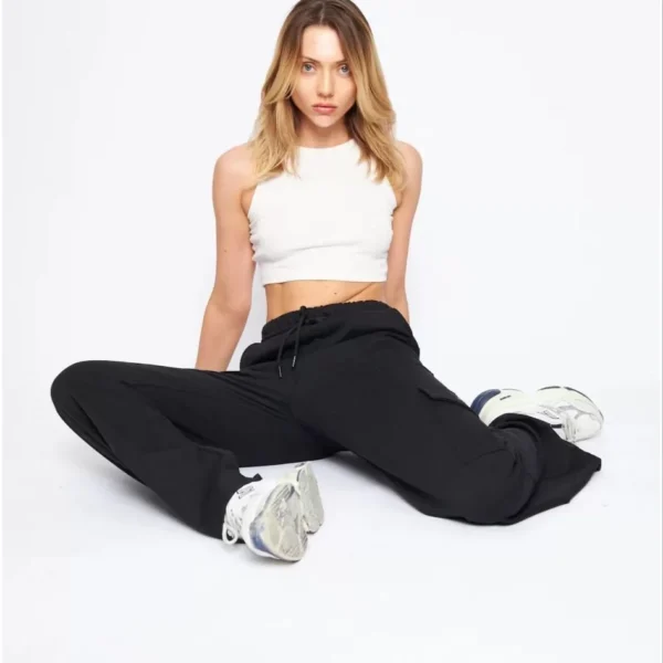 Kargo Cepli Palazzo Oversize Kesim İki iplik Bol Paça Eşofman Altı Pantalon - Siyah