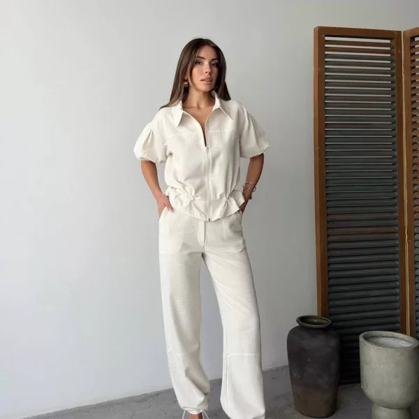Keten Tam Fermuarlı Kısa kollu Gömlek Pantolon ikili Takım - Beyaz