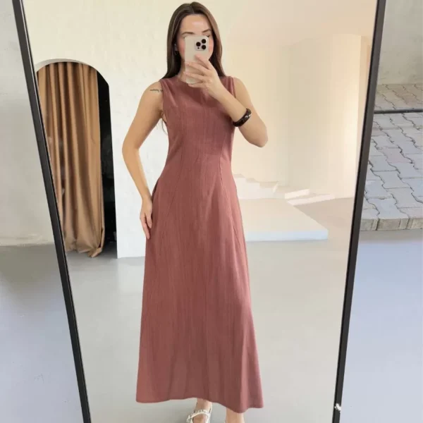 Keten Kolsuz Uzun Sırtı Kapalı Bisiklet Yaka Elbise - Gül Kurusu