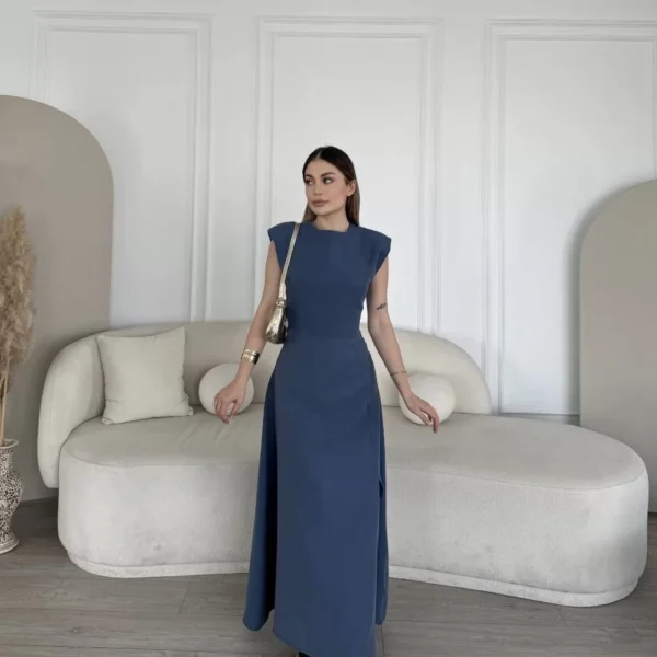 Keten Yandan Yırtmaçlı Uzun Elbise Sıfır Kol Elbise - Mavi