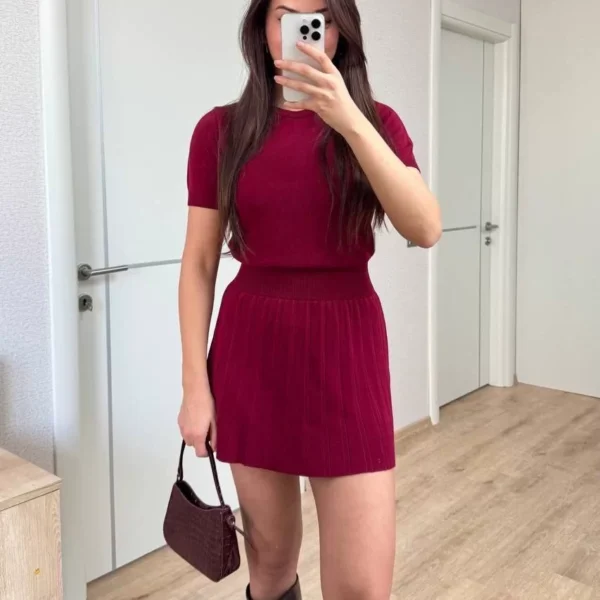 Kısa Kollu Bluz Mini Etekli ikili Takım Triko - Bordo