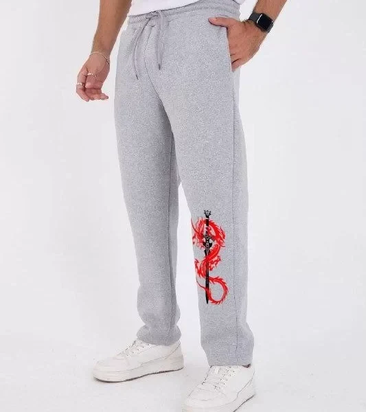 Kışlık Üç İplik Baskılı Eşofman Pantolon - Gri