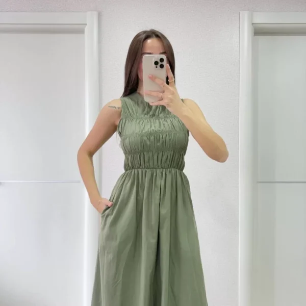 Kolsuz Göğüs Lastıklı %100 Poplin Uzun Elbise - Yeşil
