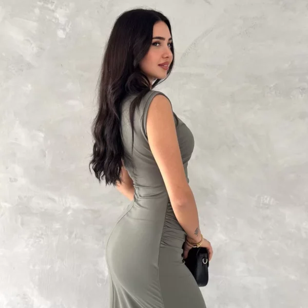 Kolsuz Yırtmaçlı Uzun maxı boy Elbise - Yeşil