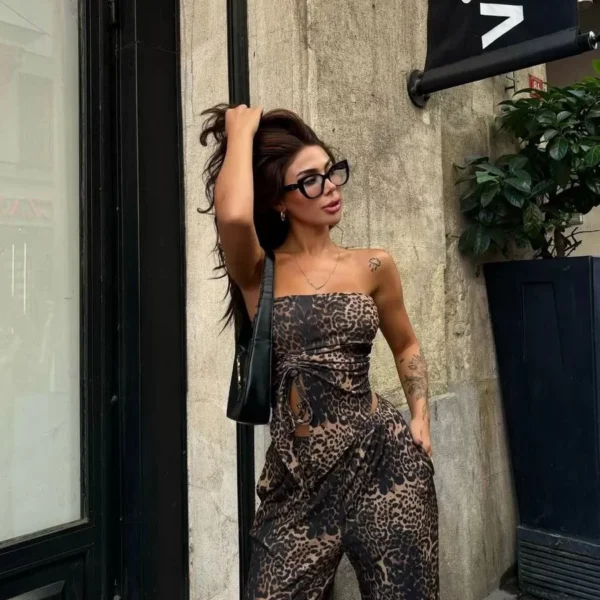 leopar desenli önden bağlamalı bluz Pantolon İkili Takım -Leopar