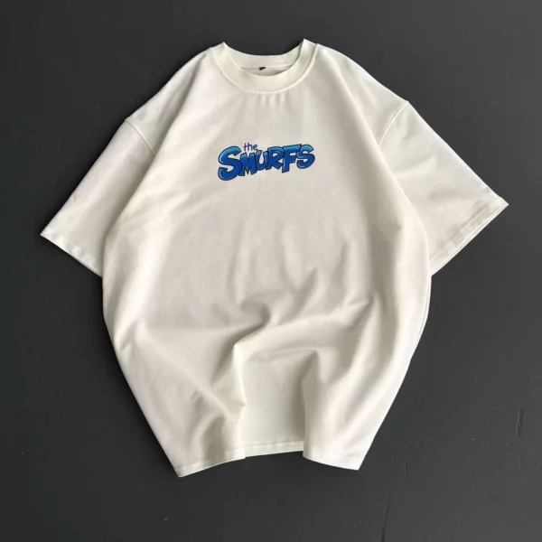 Ön ve Arka Baskılı Oversize Bisiklet Yaka T-shirt- Beyaz