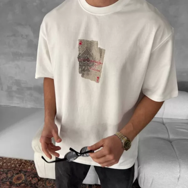 Ön ve Arka Baskılı Oversize Bisiklet Yaka T-shirt - Beyaz