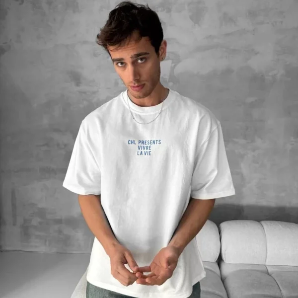Ön ve Arka Baskılı Oversize Bisiklet Yaka T-shirt- Beyaz