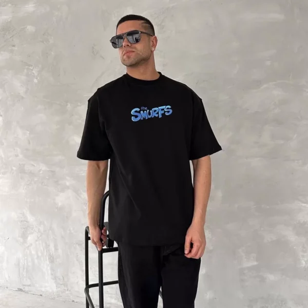 Ön ve Arka Baskılı Oversize Bisiklet Yaka T-shirt- Siyah