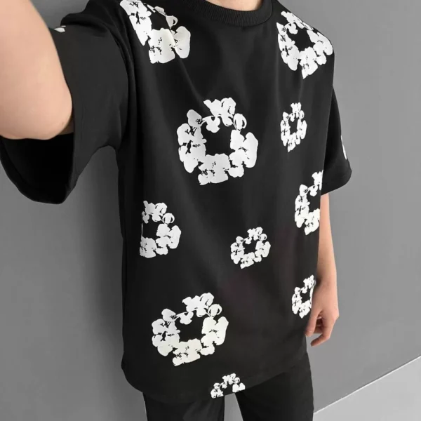 Ön ve Arka Baskılı Oversize Bisiklet Yaka T-shirt- Siyah
