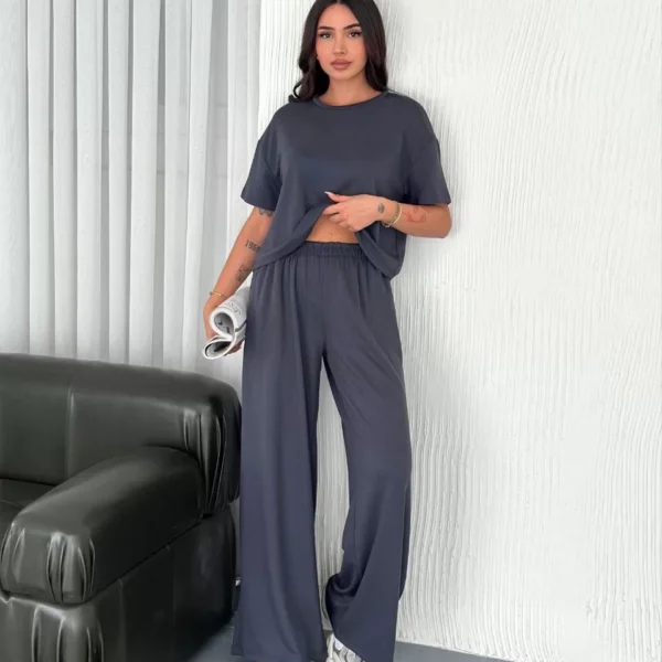 Osy Modal Yumuşak Dokulu Kumaş Bisiklet Yaka T-shirt Bol paça Pantalon ikili Takım -Antrasit