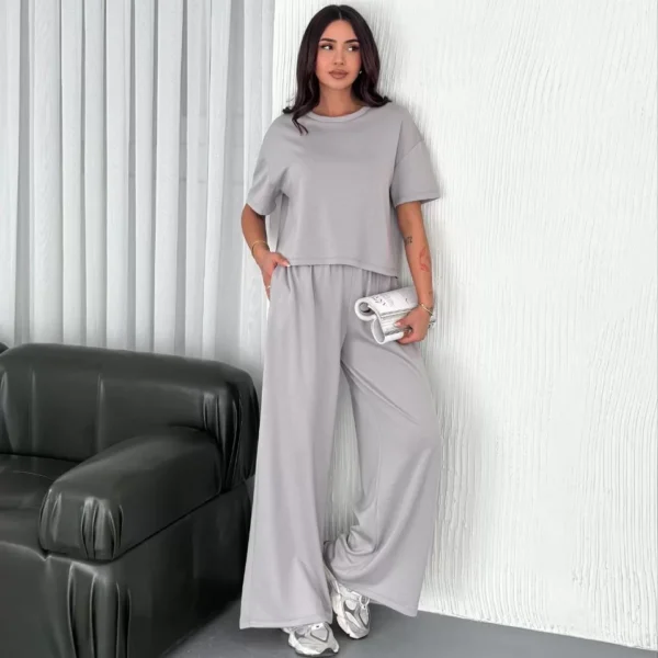 Osy Modal Yumuşak Dokulu Kumaş Bisiklet Yaka T-shirt  Bol paça Pantalon ikili Takım - Boyalı Gri