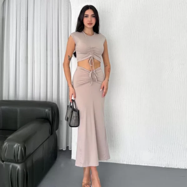 Osy Modal Yumuşak Dokulu Kumaş Büzgülü Crop Etek Takım -Bej